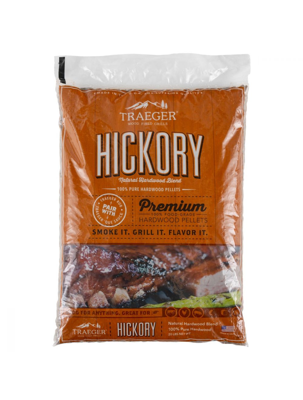 Traeger Hickory Hardwood Grill Smoker Pellets Barbecue Rich Natural Flavor 20 lb 